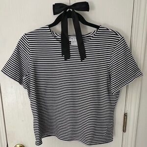Nancy Black & White Striped Short Sleeve  / Cropped Tee, Made in USA, Large